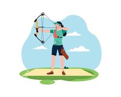 jovem mulher exercício tiro com arco para aprender foco dentro parque. esporte e lazer Atividades conceito. simples plano Projeto dentro ativo saudável estilo de vida ilustração vetor