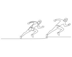 contínuo solteiro linha desenhando do lado Visão do dois homens correr atrás cada de outros dentro uma corrida corrida. saudável esporte Treinamento conceito Projeto ilustração vetor