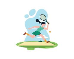 cabeludo jovem mulher corrida depois de a bola dentro tênis prática. esporte e lazer atividade conceito ilustração Projeto. vetor