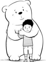 pequeno Garoto abraçando uma grande polar urso. mão desenhado ilustração. vetor
