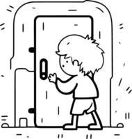 desenho animado Garoto abertura a porta do uma criança chegando Fora do a porta. vetor