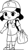 ilustração do uma pequeno menina vestindo uma boné e segurando uma saco vetor