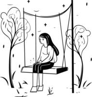 menina sentado em uma balanço dentro a parque. mão desenhado ilustração. vetor