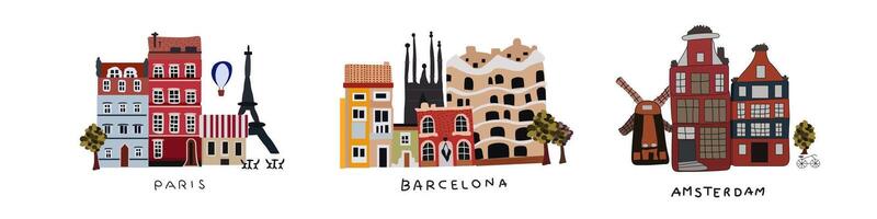 conjunto do lindo vintage colori edifícios do diferente cidades, Paris, Barcelona e Amsterdã, viagem ilustração, detalhado monumentos silhueta vetor