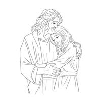 Jesus dando uma abraço para uma criança vetor