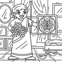 diwali menina com flores para rangoli coloração vetor