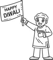 diwali criança com uma feliz bandeira isolado coloração vetor