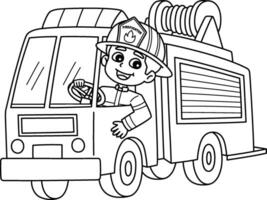 bombeiro dirigindo uma fogo caminhão isolado coloração vetor