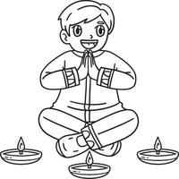 diwali criança Rezar velas isolado coloração vetor