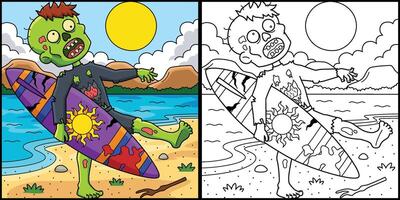 zumbi surfista coloração página colori ilustração vetor