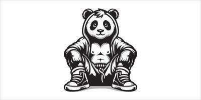 panda sentado dentro moda estilo dentro moletom com capuz silhueta desenhado à mão ilustração vetor