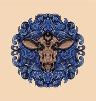 Ilustração vintage de cabeça de vaca com um ornamento de fundo azul estilo de gravura vetor