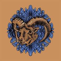 ilustração vintage de cabeça de cabra com fundo de ornamento azul estilo de gravura vetor