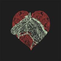 ilustração vetorial cabeça de cavalo com fundo de ornamento vermelho amor vintage gravura