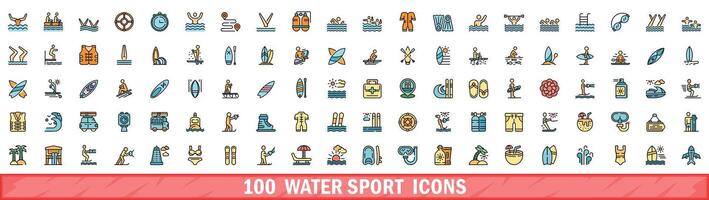 100 água esporte ícones definir, cor linha estilo vetor