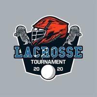 logotipo do torneio de lacrosse 2020 com ilustração vintage de capacete, taco e bola de lacrosse vetor