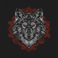 ilustração vintage cabeça de lobo no fundo de um estilo de gravura de ornamento vermelho vetor