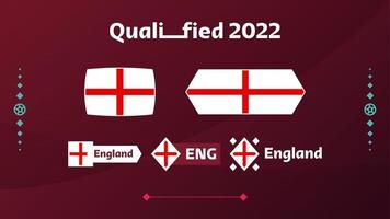 conjunto de bandeira da Inglaterra e texto sobre fundo do torneio de futebol de 2022. ilustração vetorial padrão de futebol para banner, cartão, site. bandeira nacional da inglaterra vetor