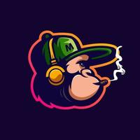 macaco fumando usando fones de ouvido mascote logotipo design ilustração vetorial vetor