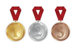 medalha de ouro, prata e bronze do campeão com o ícone de fita vermelha assinar primeiro, segundo e terceiro lugar conjunto de coleta isolado no fundo branco. ilustração vetorial vetor