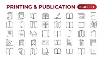 impressão e publicação ícone definir. folheto folheto linha ícone definir. papel timbrado, livreto, folheto, corporativo Catálogo, e envelope ícone definir. esboço coleção de ícones. vetor