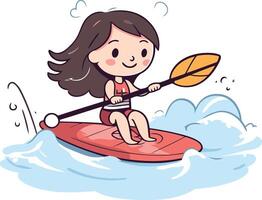 ilustração do uma fofa desenho animado menina remar uma caiaque vetor