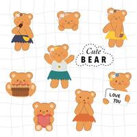 conjunto do mão desenhado fofa desenho animado Urso personagem mostrando vários emoções. Urso adesivo definir. vetor