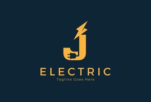 elétrico logotipo, abstrato carta j com relâmpago parafuso e plugue combinação, tunder parafuso Projeto logotipo modelo, ilustração vetor