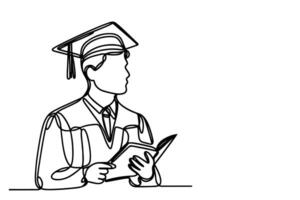 1 contínuo Preto linha arte desenhando do escola aluna criança graduado segurando certificado papel rabisco estilo em branco fundo vetor