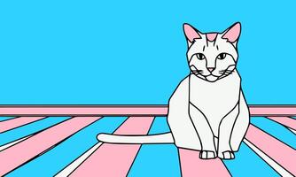 ilustração do uma gato sentado em uma Rosa e azul listrado fundo vetor