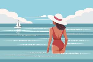 seascape. uma jovem mulher dentro uma roupa de banho nada dentro a mar. período de férias conceito. ilustração. vetor