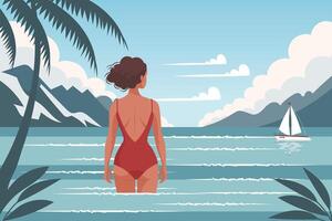 seascape. uma jovem mulher dentro uma roupa de banho nada dentro a mar. período de férias conceito. ilustração. vetor