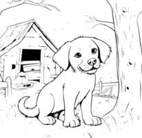 cachorro dentro dele casa coloração Páginas desenhando para crianças vetor