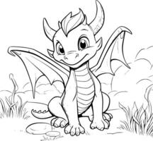 Dragão é sentado em a Relva coloração Páginas desenhando para crianças vetor