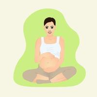 sorridente mulher grávida sentada em posição de lótus. vetor