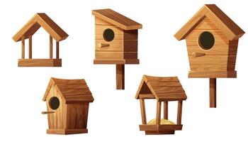 conjunto de madeira pássaro alimentador e pássaro casa com teto, orifício e sementes isolado em branco fundo. suspensão construção, pássaro Cuidado. vetor