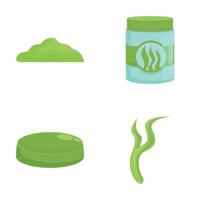 espirulina ícones conjunto desenho animado . espirulina algas dentro pó e comprimido vetor