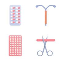 fêmea contraceptivo ícones conjunto desenho animado . diferente tipo do contracepção vetor