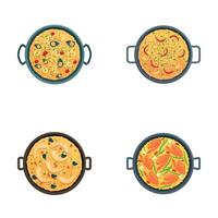 paella ícones conjunto desenho animado . saboroso paella com frutos do mar vetor
