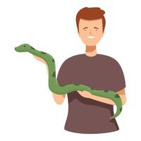 sorridente jovem homem segurando verde serpente vetor