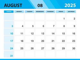 agosto 2025 modelo, calendário 2025 modelo , planejador por mês projeto, escrivaninha calendário 2025, parede calendário projeto, mínimo estilo, anúncio, poster, impressão meios de comunicação, verde fundo conceito vetor