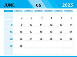 Junho 2025 modelo, calendário 2025 modelo , planejador por mês projeto, escrivaninha calendário 2025, parede calendário projeto, mínimo estilo, anúncio, poster, impressão meios de comunicação, verde fundo conceito vetor