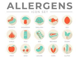 retro alérgenos ícone definir. alérgenos, cogumelo, marisco, peixe, ovo, alho, leite, soja vermelho carne, salsão, fruta, semente, leguminosa e milho glúten alérgeno ícones vetor