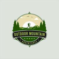 a circular emblema ilustração do ao ar livre montanha aventura com uma mochileiro. vetor