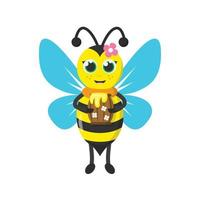 abelha fofa dos desenhos animados com barril cheio de mel vetor
