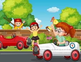 cena do parque com crianças correndo carro vetor