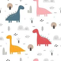 dinossauros e árvores padrão sem emenda bonito dos desenhos animados fundo animal desenhado à mão no estilo infantil o design usado para impressão, papel de parede, tecido, ilustração vetorial de têxteis vetor