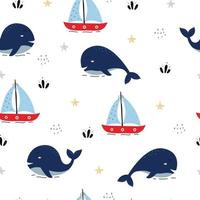 padrão sem emenda o fundo do mar com design bonito de baleias e barcos, mão desenhada no estilo cartoon. usado para publicação, papel de parede, têxteis, ilustração vetorial vetor