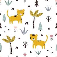 Seamless pattern cartoon background com tigres e árvores mão design desenhado em estilo infantil usado para tecidos, têxteis, papéis de parede, ilustrações vetoriais. vetor