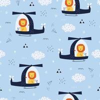 Seamless pattern cartoon background com um leão dirigindo um helicóptero flutuando no design de mão desenhada céu no estilo de criança, uso para impressão, papel de parede, tecido, moda têxtil. ilustração vetorial vetor